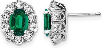 Diamond2Deal 14k White Gold 1 1/5 Ct Lab Grown Diamond and Oval Created Emerald Halo Stud Earrings