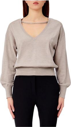 Liu Jo Maglia Chiusa M/L Con Strass - Dames - V-hals truien - Beige - S - Truien & Vesten