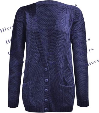 Generic Womens Cardigan Chunky Long Sleeve Aran Cable Knitted Grandad Long Cardigan UK 8-22 (Navy, M/L UK 12-14)