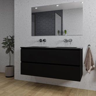 Saniclass Chaci Badkamermeubelset - 120x46x55cm - keramische wastafel zwart - 2 wasbakken - zonder kraangaten - 2 lades - rechthoekige spiegel - mat zwart