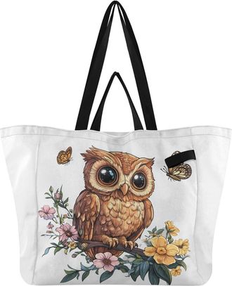 Generic Owl Flower Beige print Reusable Canvas Tote Bag, Heavy Duty Grocery Shopping Bag with Hard Bottom Double Handles Large Capacity Work Groceries Travel