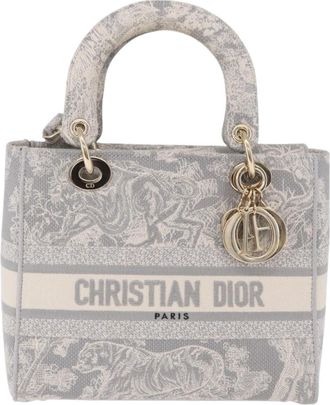 Dior Lady Dior Embroidered Canvas Gray Canvas Handbag (Pre-Owned)
