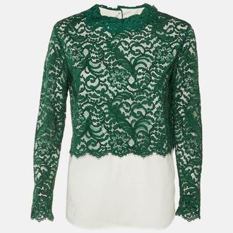 Sandro Green /white Cotton & Lace Overlay Malia Top