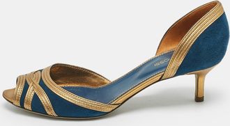 Sergio Rossi Navy Blue/gold Leather And Suede Peep Toe Pumps