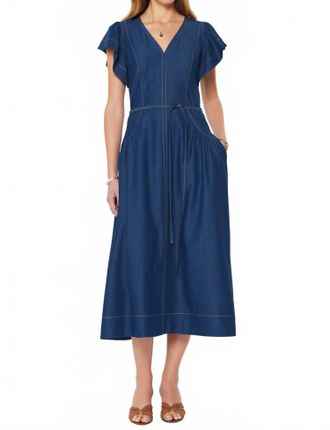 Current Air Contrast Stitch Midi Dress In Dark Chambray
