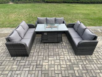 Fimous Rattan Garden Furniture Set with Fire Pit Table 4 Pieces Outdoor Lounge Sofa Set Dark Grey Mixed