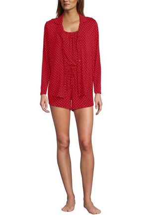 Lands End Cooling 3 Piece Pajama Set - Long Sleeve Top Cami and Shorts in Compass Red Pin Dot at Nordstrom, Size X-Small