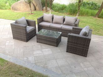 Fimous Lounge Rattan Sofa Set Outdoor Garden Furniture With 2 Chairs & Rectangular Coffee Table in Dark Grey