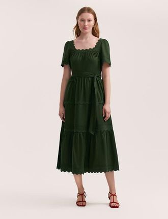 Finery Corina Cotton Midi Tiered Dress in Dark Khaki at Nordstrom, Size 16