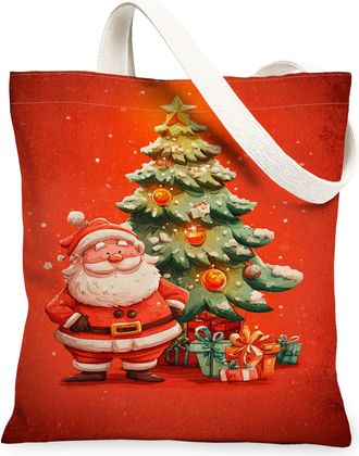 Generic Christmas Themed Canvas Tote Bags, Holiday Tree Pattern Reusable Grocery Bags, Vintage Lightweight Washable Shoulder Strap, Red, 13x15 Inch