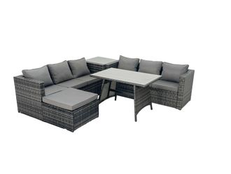 Fimous Rattan Dining Table Sofa Set with Side Table 2 Big Footstools Outdoor in Dark Grey