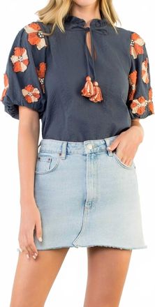 THML Clothing Puff Sleeve Tassel Tie Top In Blue/ Orange