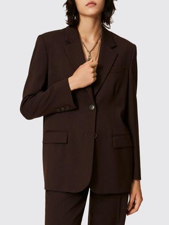 Twinset Single-Breasted Cropped Satin Blazer with Lapel Collar and Flap Pockets