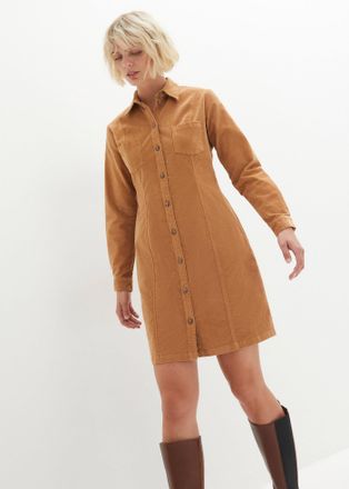 Bonprix Hemdblusenkleid BONPRIX, Damen, Gr. 44, N-Gr, braun (eiskaffee), Cord, Obermaterial: 98% Baumwolle, 2% Elasthan, unifarben, bequem kniefrei, Manschett