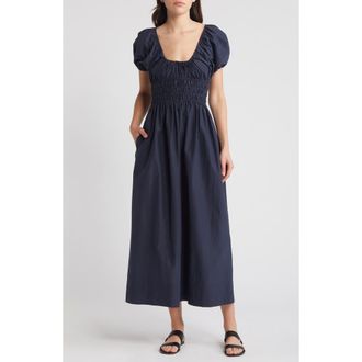 Faithfull The Brand Seine Puff Sleeve Silk & Cotton Dress in Midnight at Nordstrom Rack, Size Xx-Large