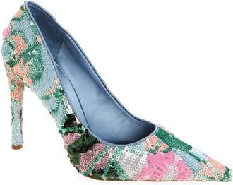 Jeffrey Campbell Good Sequin Pointed Toe Pump in Teal Satin Combo at Nordstrom, Size 8.5