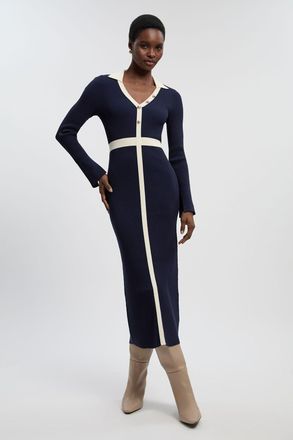 Karen Millen Womens Petite Knit Rib With Contrast Waist Detail Collared Midi Dress - Navy Polyamide - Size X-Small