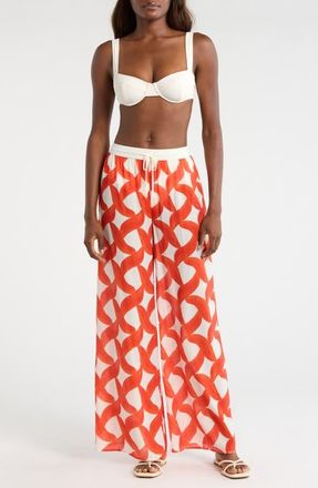 Hutch Riviera Sequin Wide Leg Pants in Ivory/coral Brushstroke Diamond Geo at Nordstrom, Size Xx-Small