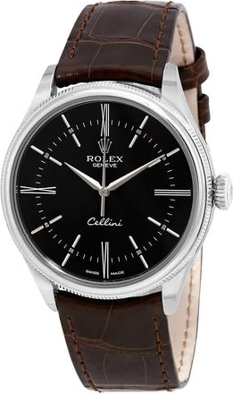 Rolex Cellini Automatic Black Dial Brown Leather Mens Watch 50509BRSL