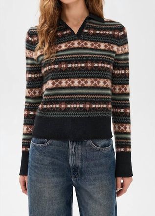 Vince Fair Isle Polo Sweater In Cacao/malachite Combo