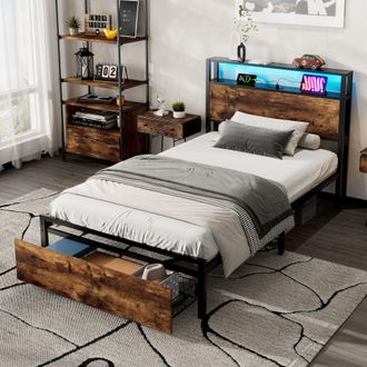 Matteo Metal Bed, 3FT Single Bed With LED Light Strip & Drawer, 2 USB Port+1 Type C in Black | Size: Single Fitted