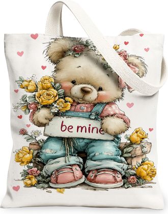 Generic Bear Floral Canvas Tote Bag, Cute Animal Pattern Reusable Grocery Bags, Spring Vintage Lightweight Washable Shoulder Strap, White, 13x15 Inch