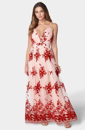 Bebe Womens Plunge Neck Embroidered Maxi Dress