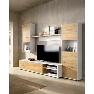 Dmora Dmora - Mueble Alto Foraker, Conjunto De Sal&oacute;n Con Soporte Tv, Mueble Sal&oacute;n Multiusos, 220x41h180 Cm, Node Roble Y Blanco