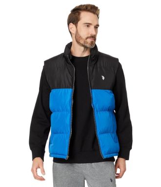 U.S.Polo Association U. S. Polo Assn. Puffer Vest Mens Blue Black Colorblock Full Zip Quilted FROG766