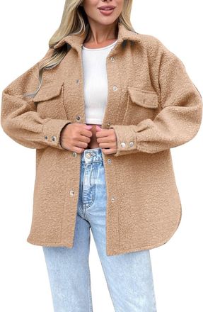 Generic Winter Jackets for Women Ladies Winter Jackets Fleece Shirt Jacket Oversized Button Down Long Shacket with Pockets(Khaki, M)