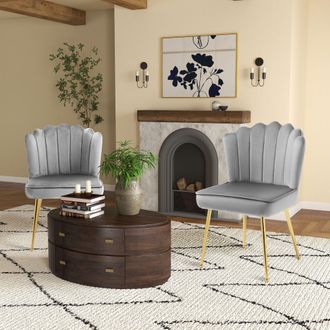 HOMCOM Velvet Shell Accent Chair for Bedroom with Metal Legs Set of 2 in Grey