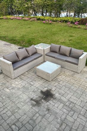 Fimous 6 Seater PE Wicker Light Grey Rattan Garden Corner Sofa Sets Outdoor Patio Furniture