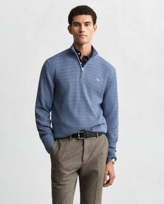GANT Men Mini Cable Knit Half-Zip Sweater (XXXL) DENIM BLUE MELANGE