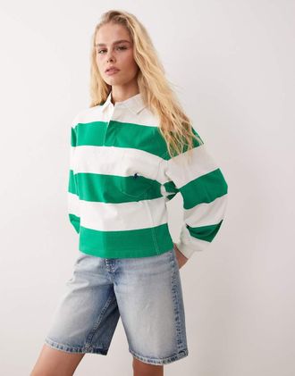 Polo Ralph Lauren Ion - Polo stile rugby vintage verde e bianca a righe larghe con logo-Bianco