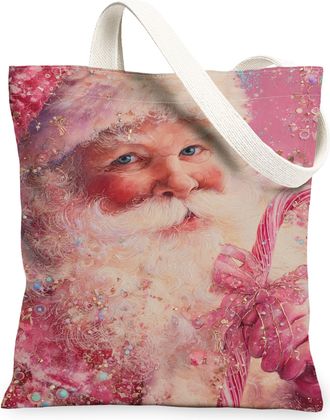 Generic Christmas Santa Claus Canvas Tote Bags, Retro Holiday Design Reusable Grocery Bags, Lightweight Washable Shoulder Strap Can, Peach, 13x15 Inch