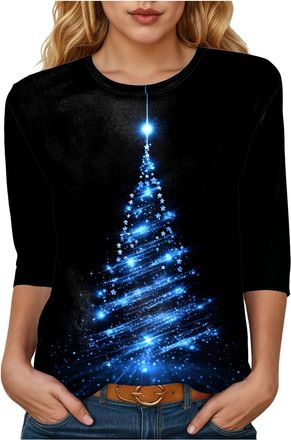 Generic Womens Christmas T Shirts 3/4 Sleeve Tops UK Christmas Tree Pullover Ladies Crewneck Sweatshirts Funny Sweatshirt Crew Neck Shirts Casual Holiday Tops