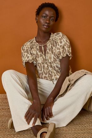 Roman Animal Print Tie Neck Top