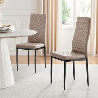 Furniturebox Set of 4 Milan High Back Soft Touch Diamond Pattern Faux Leather Dining Chairs With Black Powder Coated Metal Legs in Beige
