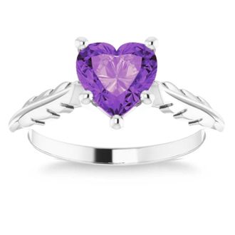 Pompeii3 7mm Amethyst Solitaire Heart Shape Leaf Accent Ring in 14k White or Yellow Gold