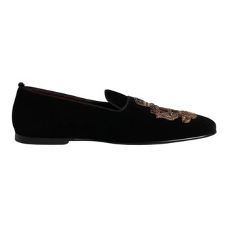 Dolce & Gabbana Geborduurde Velvet Loafers - Heren - Loafers - Zwart - 48 EU - Katoen - Schoenen