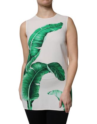 Dolce & Gabbana Womens White Banana Leaf Print Round Neck Tank Top Viscose