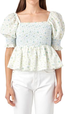 English Factory Floral Print Puff Sleeve Peplum Blouse in Blue Multi at Nordstrom, Size X-Small