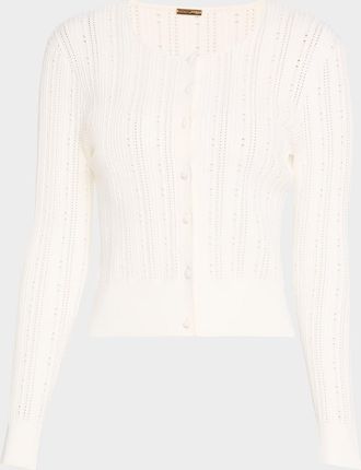 Adam Lippes Pointelle Compact Jacquard Crewneck Crop Cardigan