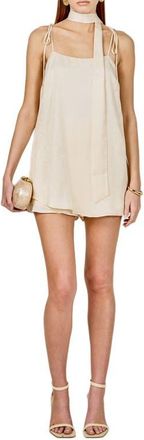 endless rose Tie Strap Belted Satin Romper in Ivory at Nordstrom, Size X-Small