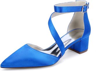 Generic Womes Wedding Bridal Pointed Toe Low Chunky Heels Satin Block Ankle Strap Pumps Party Dress Shoes 4.5 Cm,Royal Blue,10 UK