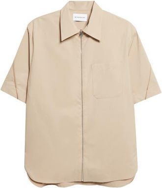 Givenchy Embroidered Logo Short Sleeve Zip Shirt in Beige at Nordstrom, Size Xx-Large