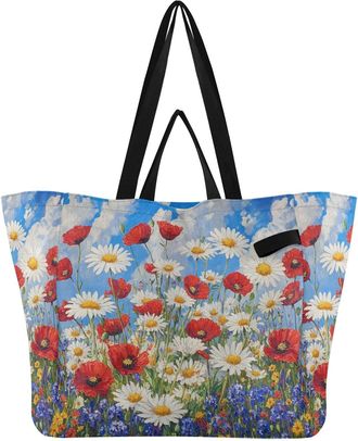 Generic White Daisies Flower pattern Reusable Canvas Tote Bag, Heavy Duty Grocery Shopping Bag with Double Handles Hard Bottom Large Capacity Work Groceries T