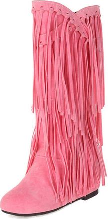 Generic Womens Fringe Detailed Mid Calf Boots Round Toe Low Heels Faux Suede Multi Color Comfortable Non Slip Wear Resistant Casual Streetwear Party Shoes,Pin