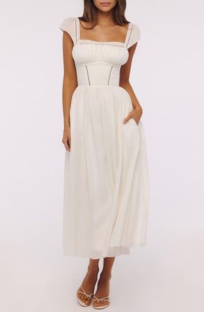 House of CB Thea Lace Trim Flare Maxi Dress in White at Nordstrom, Size X-Small