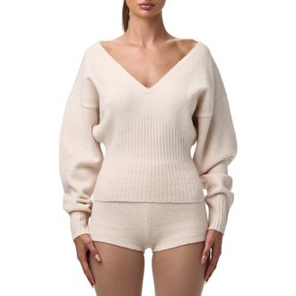 Naked Wardrobe V-Neck Ribbed Sweater in Bone at Nordstrom, Size X-Large